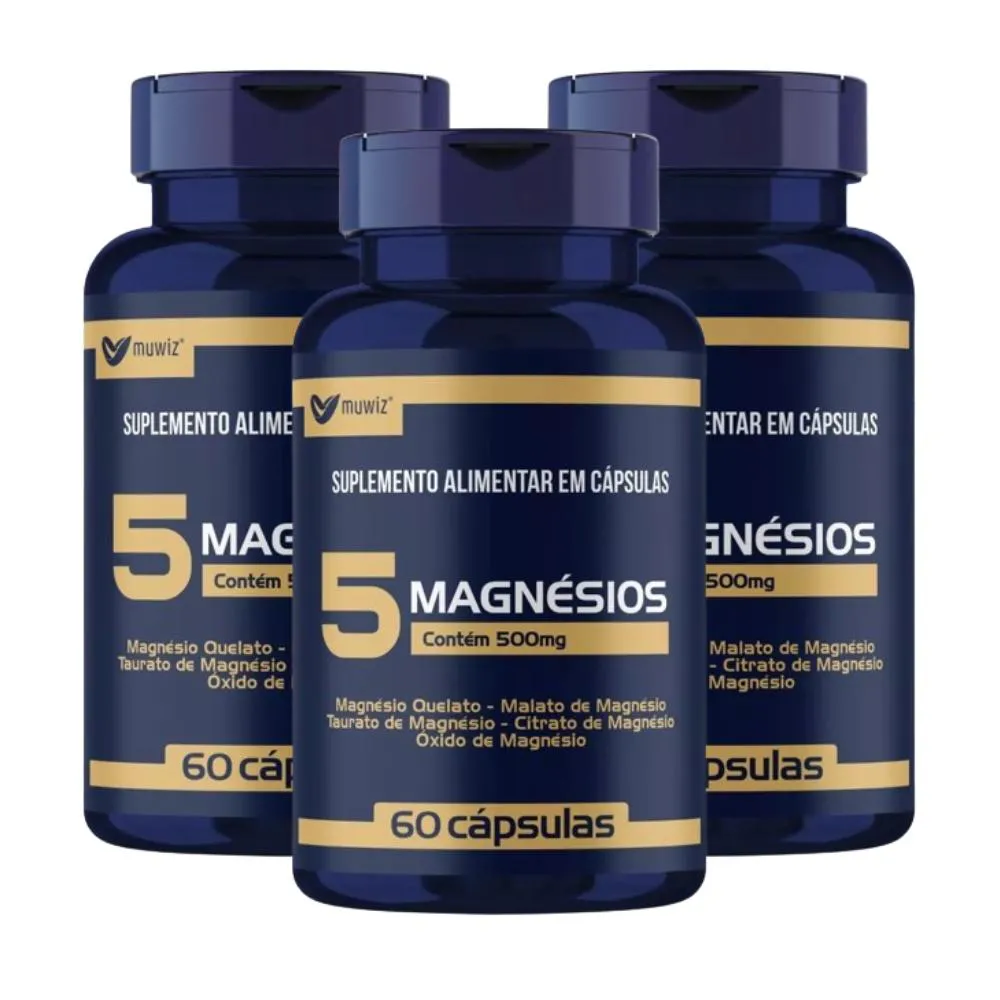 Kit 3x 5 Magnésios Muwiz 500mg - 60 cápsulas.