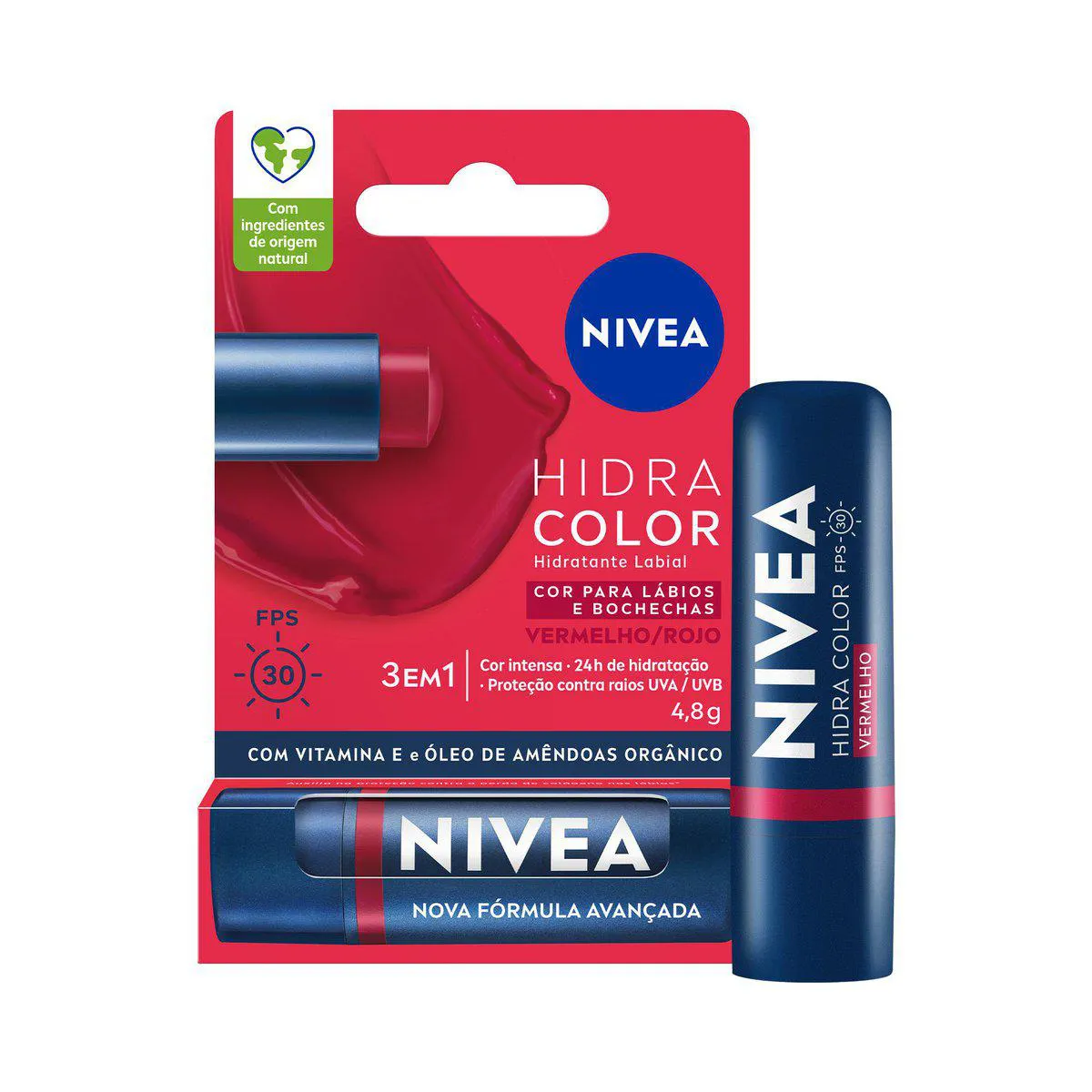 Hidratante Labial Nivea Hidra Color 3 em 1 Vermelho FPS 30 4,8g