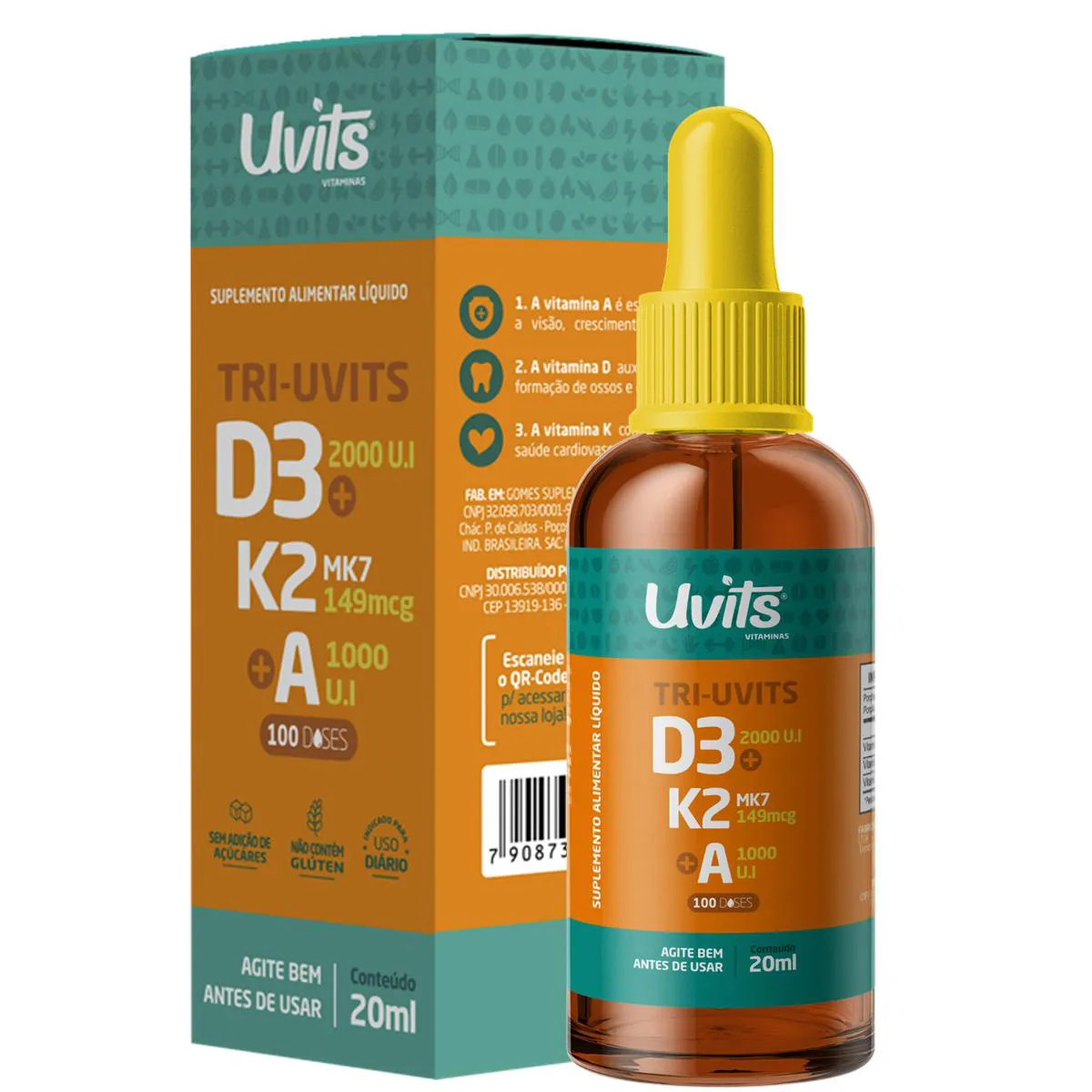Tri Vitamina D3 + K2 Mk7 + Vitamina A 100 Doses Gotas Uvits
