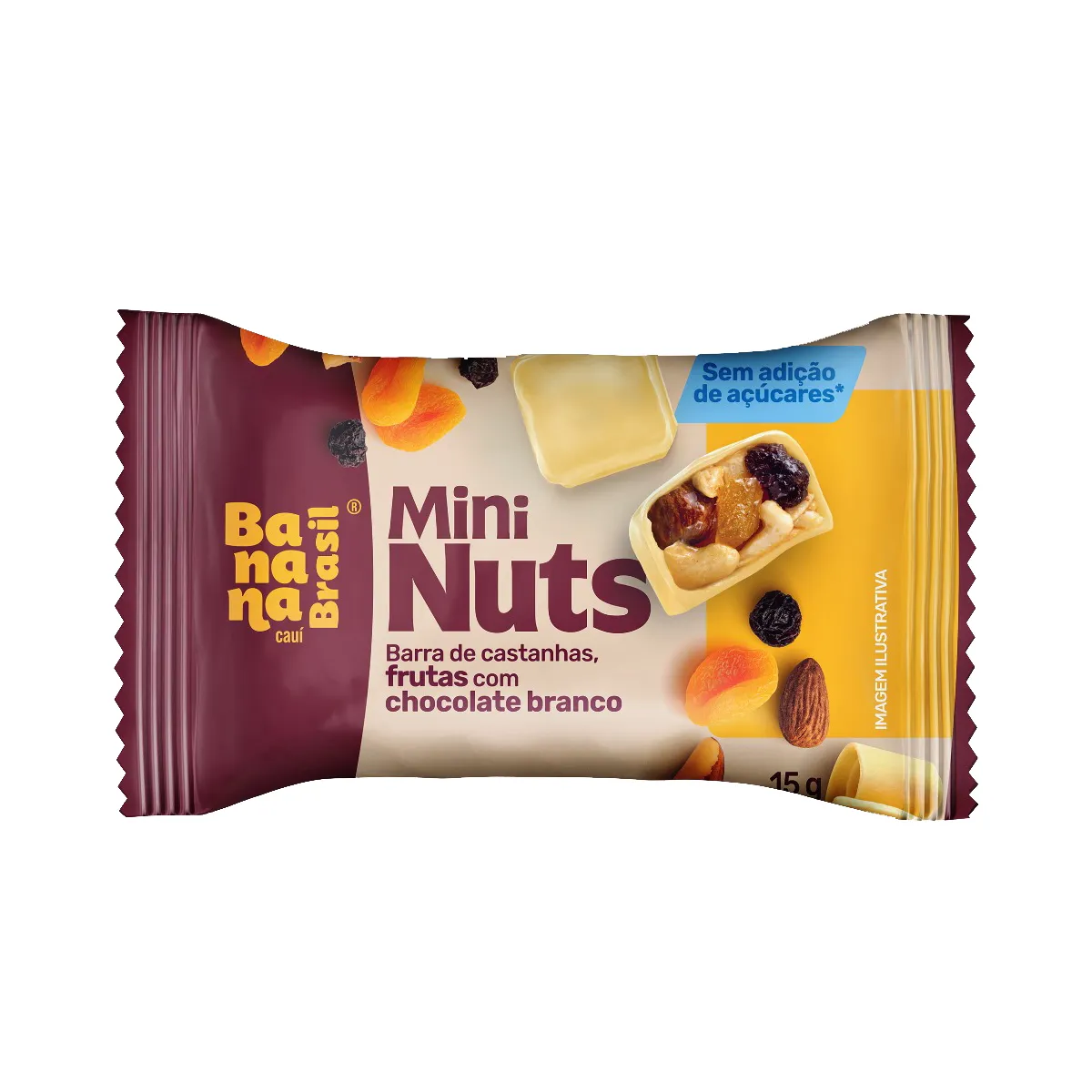 Barra de Castanhas Banana Brasil Mini Nuts Frutas com Chocolate Branco 15g
