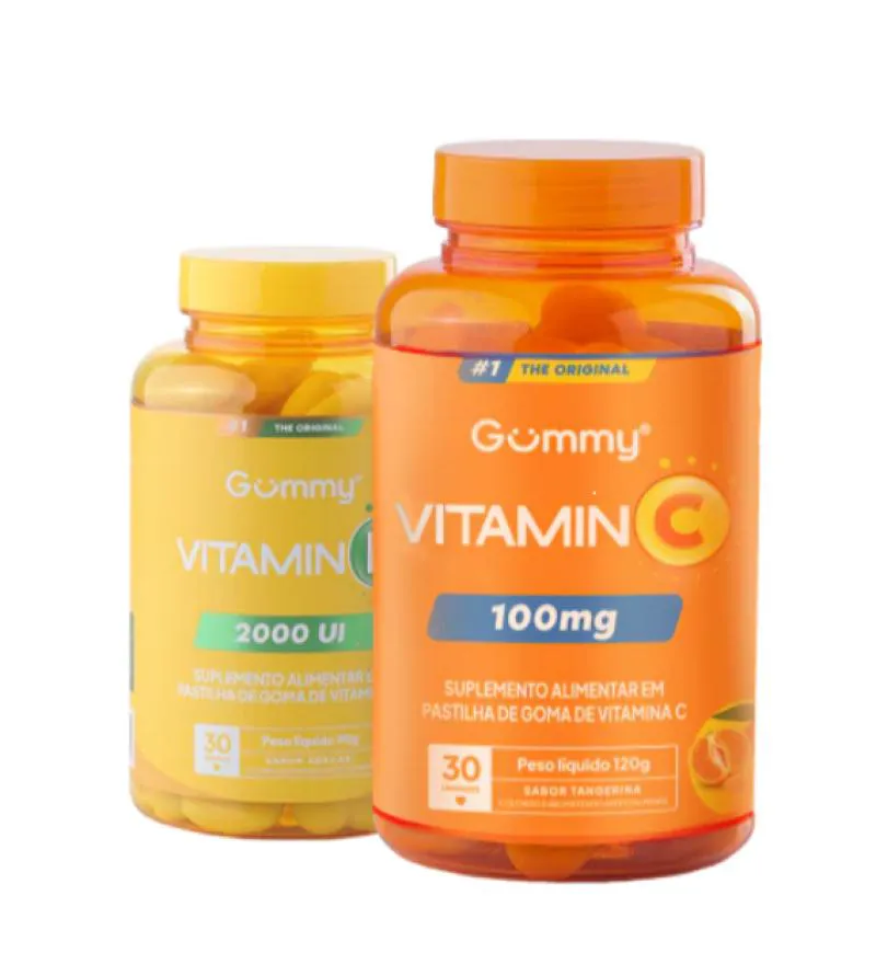 Kit Gummy Vitamina C Tangerina 100Mg com 30 + Vitamina D Abacaxi 2000Ui com 30 - Gummy