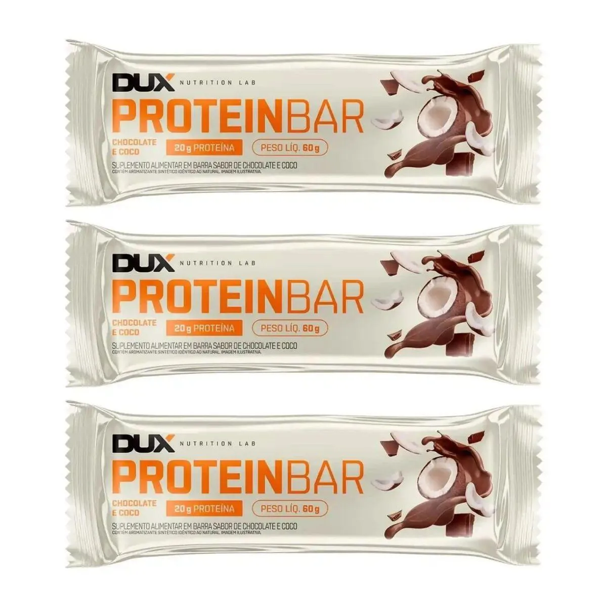 Kit 3 Barra de Proteina com 20G Chocolate e Coco Dux 60G
