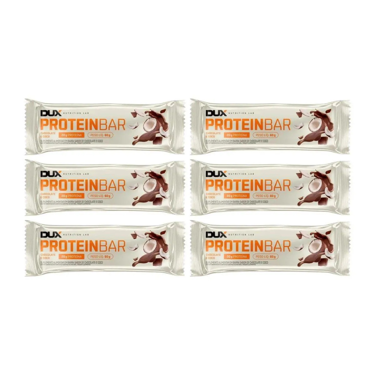 Kit 6 Barra de Proteina com 20G Chocolate e Coco Dux 60G