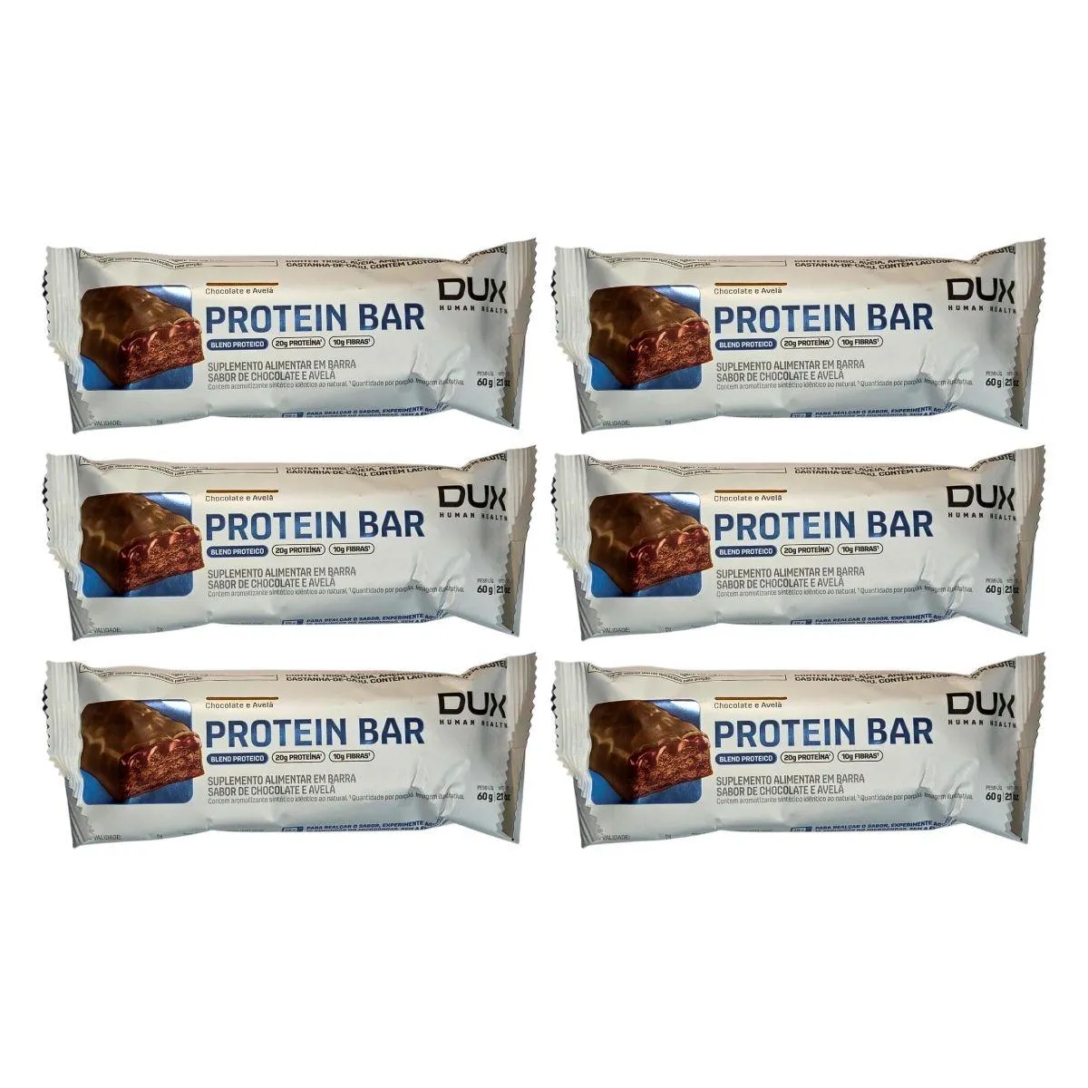 Kit 6 Barra de Proteina com 20G Proteina Chocolate e Avela 60G Dux