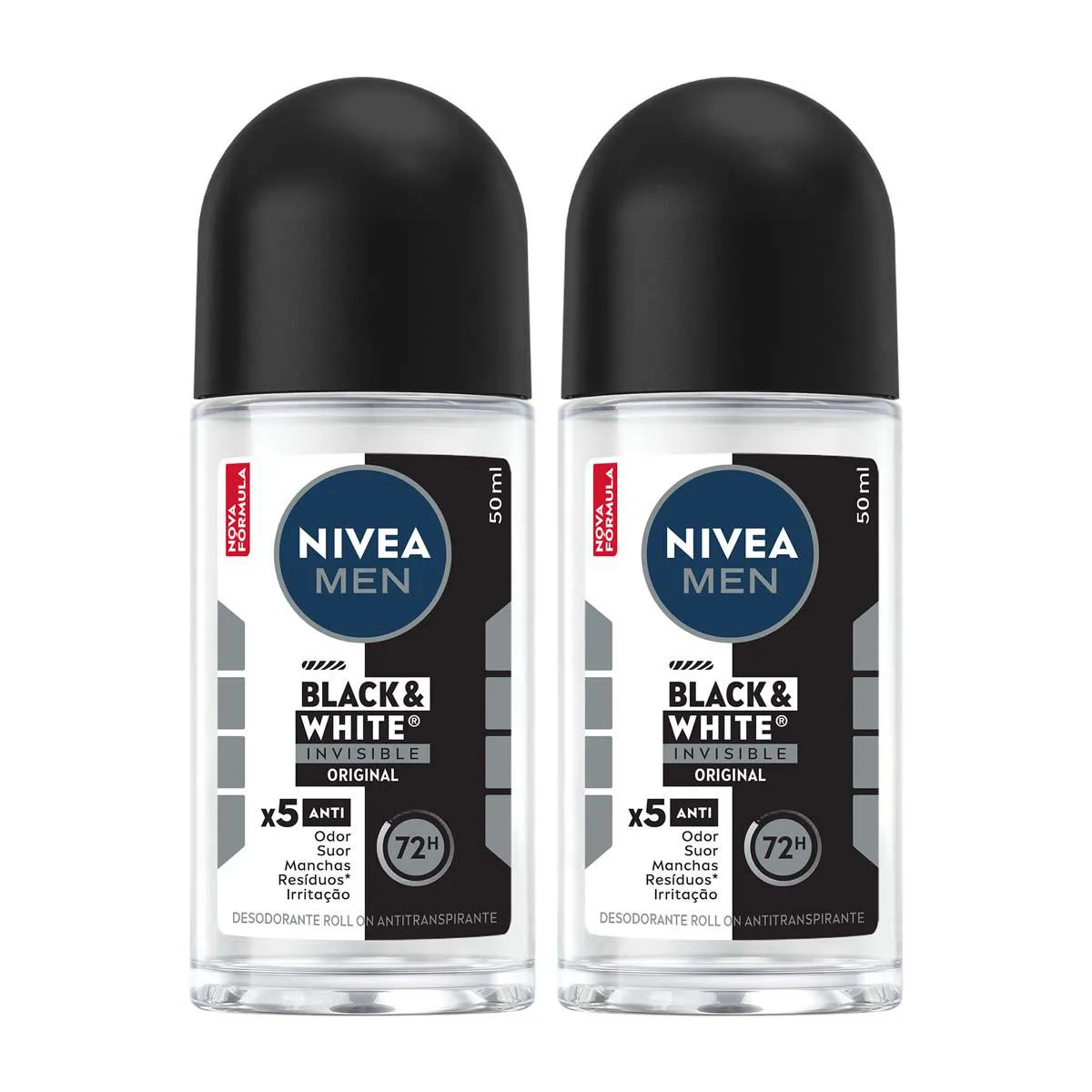 Kit Desodorante Antitranspirante Roll-On Nivea Men Black & White Invisible Original 72h 2 unidades 50ml cada