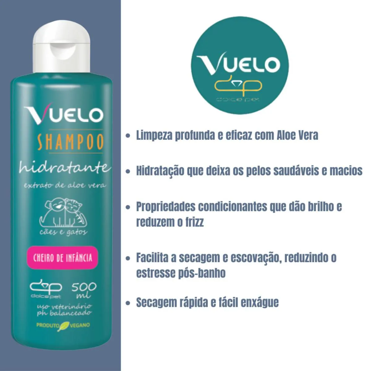 Kit Vuelo Shampoo Hidratante + Fluido Desembaraçador Cheiro de Infância Cães e Gatos