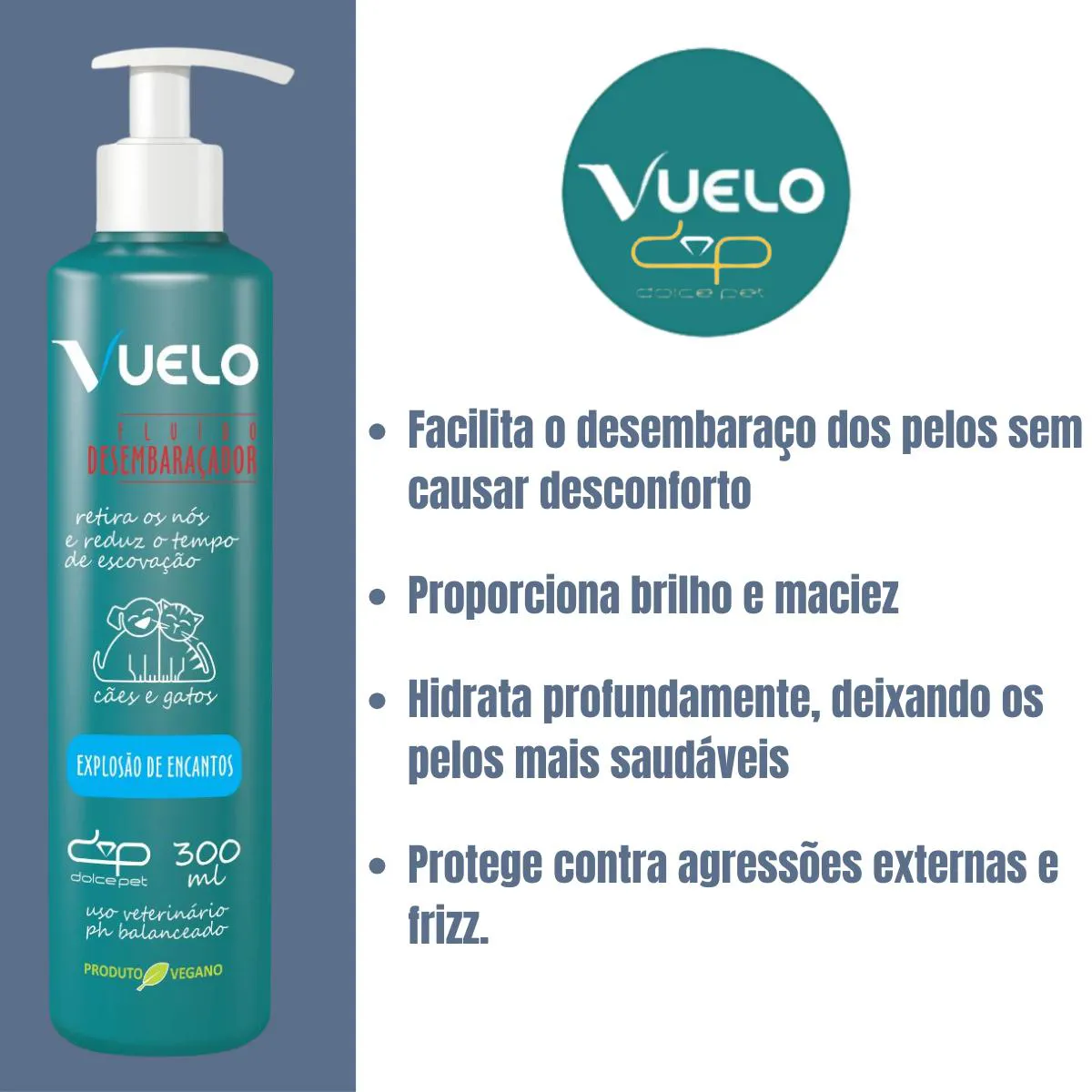 Kit Vuelo Shampoo Liso + Fluido Desembaraçador Explosão de Encantos Cães e Gatos