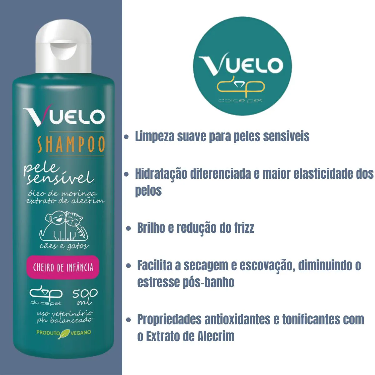 Shampoo Vuelo Pele Sensível Cheiro de Infância para Cães e Gatos 500Ml