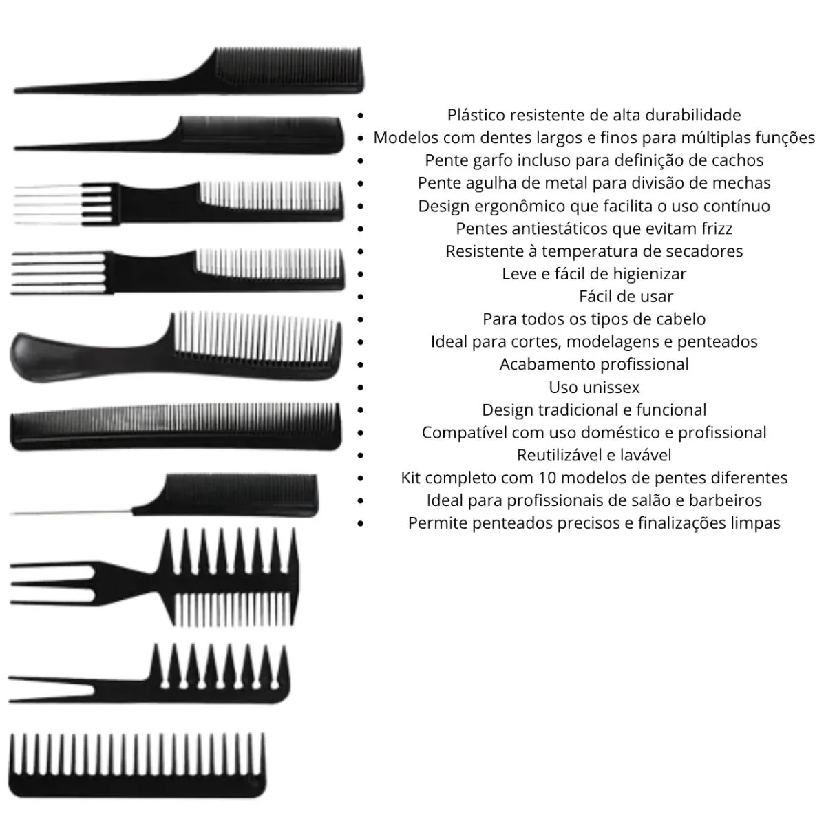 Kit 10 Pentes Profissional Cabeleireiro Pente Fino Garfo Salão Barbeiro para Corte