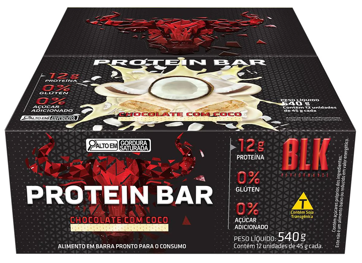 Protein Bar Blk - Barra de Proteína 12 Unidades # Original # Sabor Chocolate com Coco
