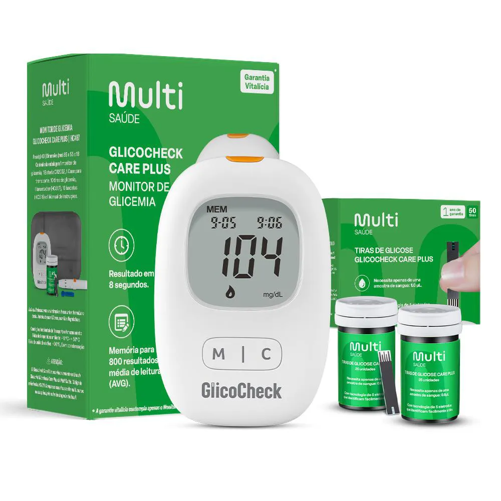 Kit Tiras de Glicemia HC489 50 Unidades + Monitor de Glicemia Glicocheck Care Plus HC487
