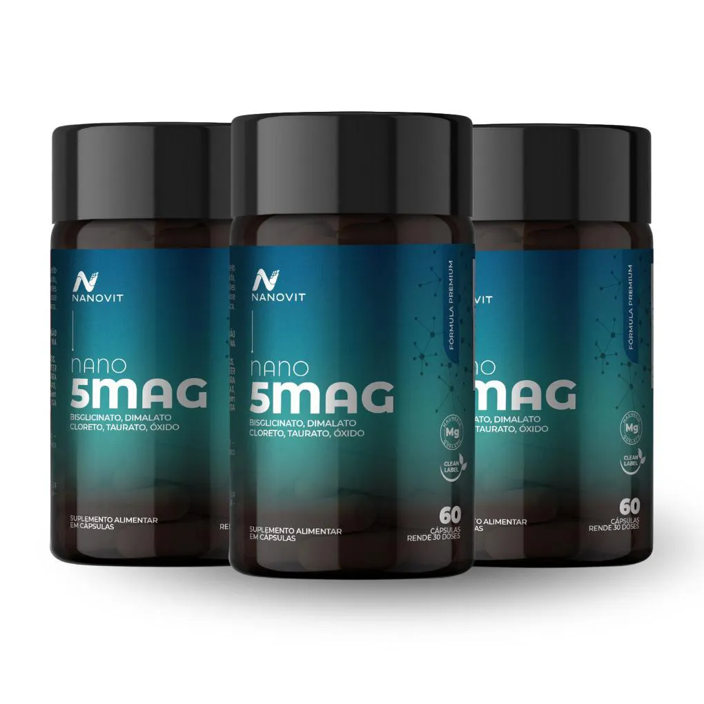 Kit 3 Magnésio 5 em 1 – Dimalato, Bisglicinato, Cloreto, Taurato e Óxido, 60 Cáps Nanovit Nano 5Mag