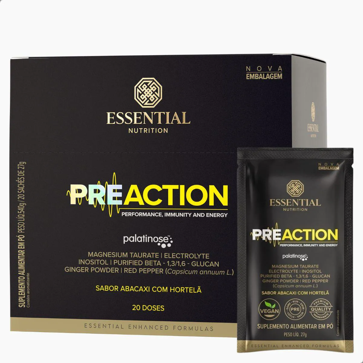 Pre-Action Energy Drink 27G (540G) 20 Unidades Essential Abacaxi COM Hortelã