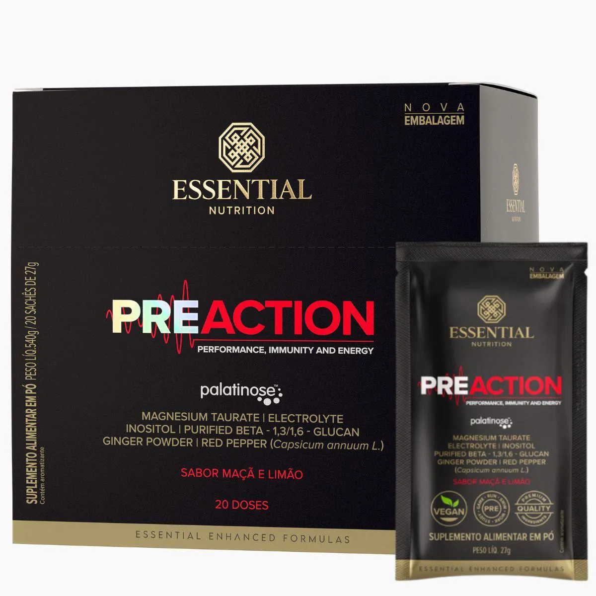 Pre-Action Energy Drink 27G (540G) 20 Unidades Essential Maçã