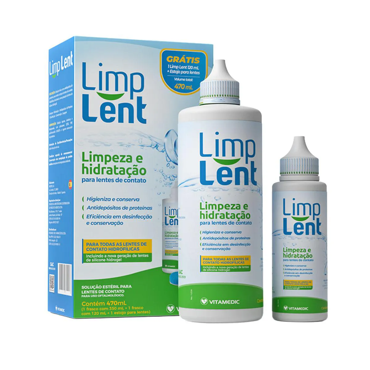 Kit Limp Lent Solução Estéril para Lentes de Contato com 1 frasco de 350ml + 1 frasco de 120ml + 1 estojo para lentes