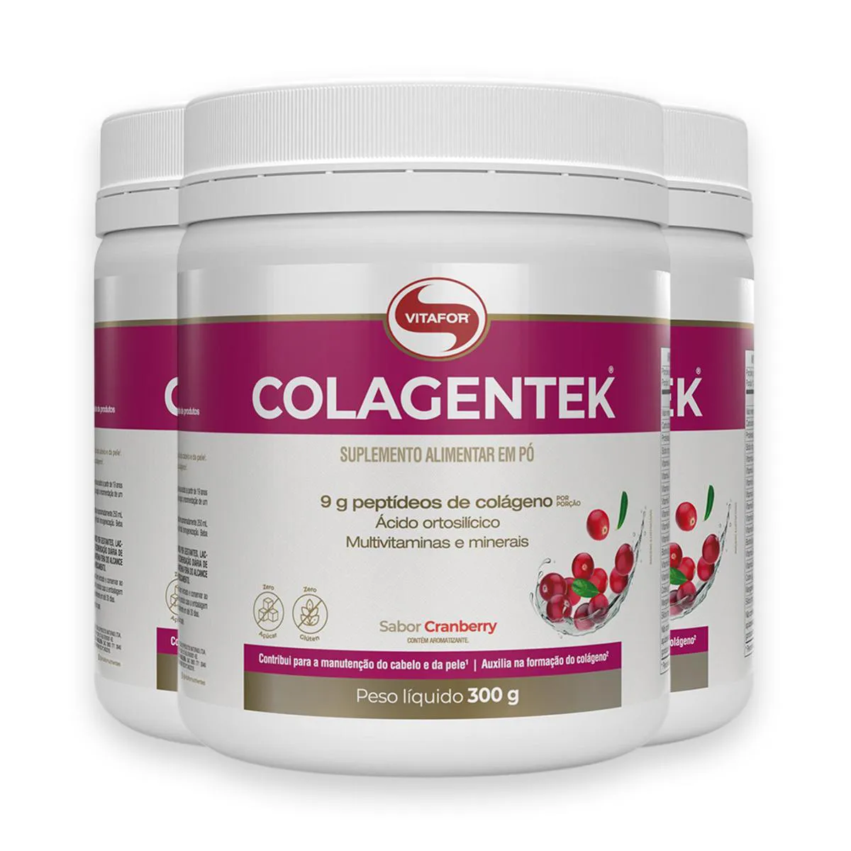 Kit 3 Colagentek Vitafor 300G Cranberry