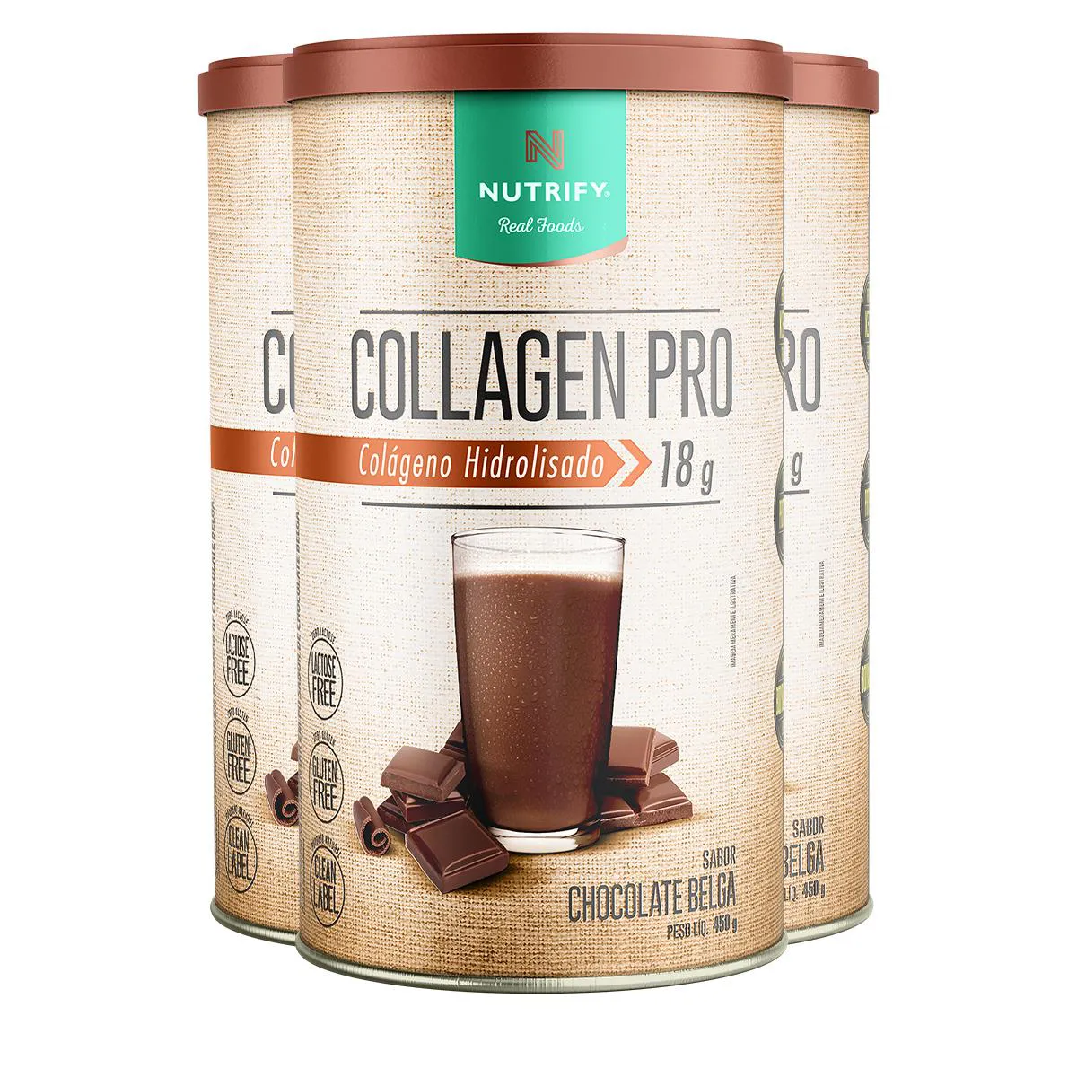 Kit 3 Collagen Pro Colágeno Hidrolisado Chocolate Belga Nutrify 450G