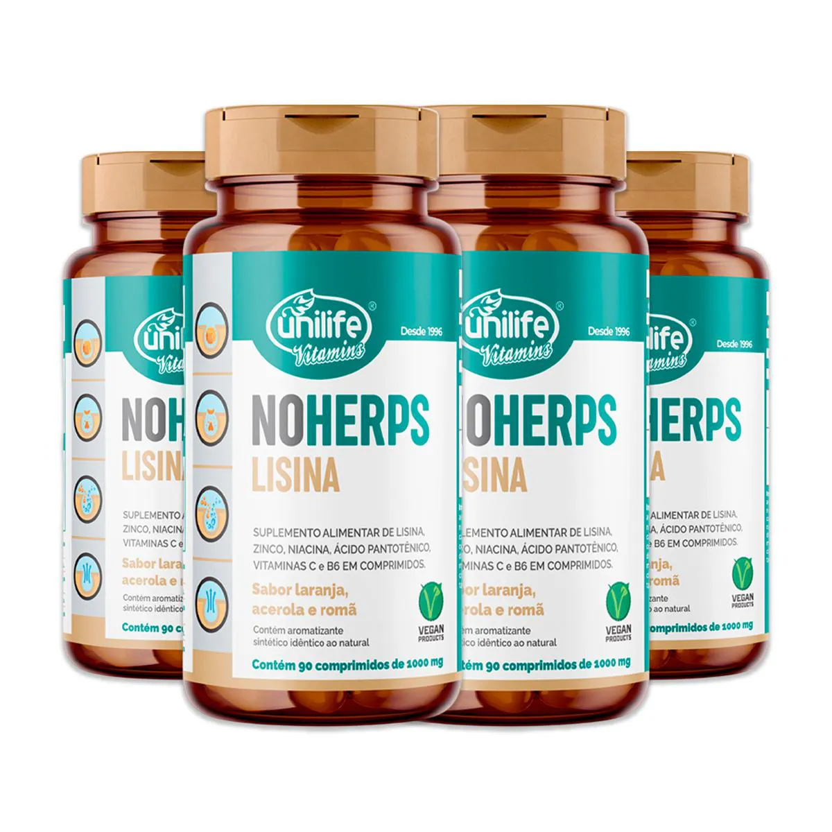 Kit 4 Noherps Lisina 1000Mg Unilife 90 Comprimidos Laranja e Acerola