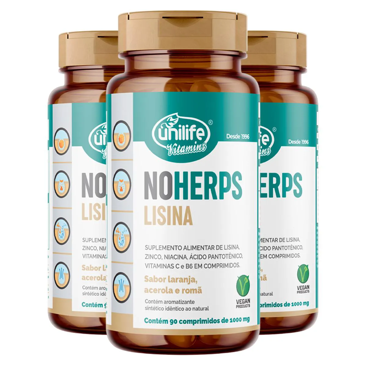 Kit 3 Noherps Lisina 1000Mg Unilife 90 Comprimidos Laranja e Acerola