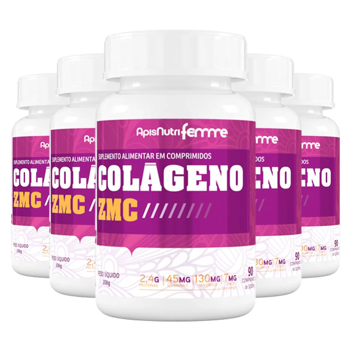 Kit 5 Colágeno Zmc Apisnutri Femme 1200Mg 90 Comprimidos