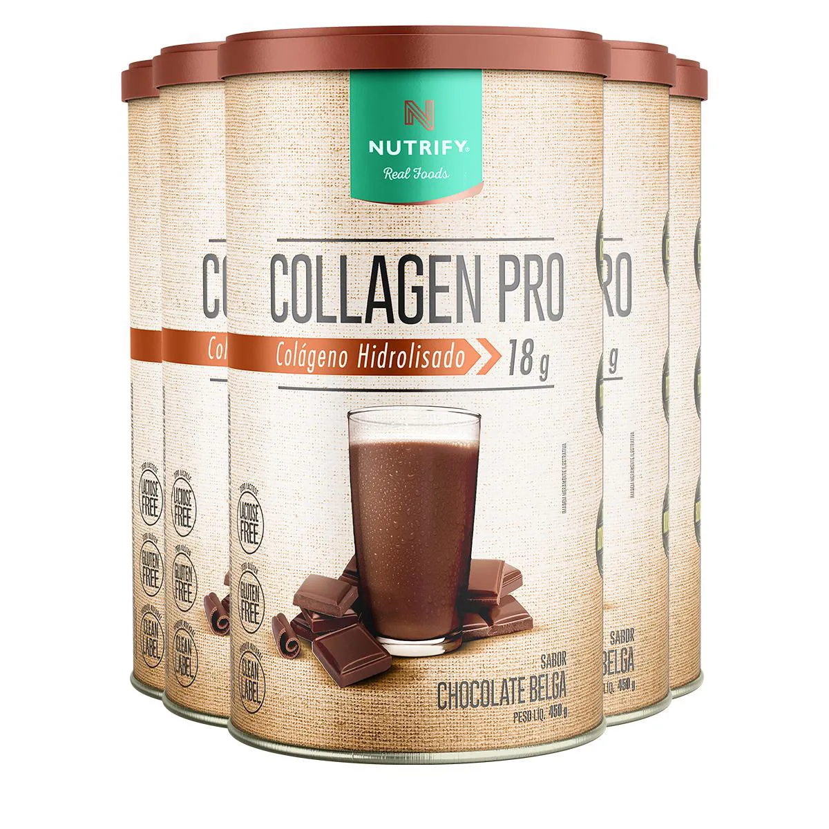 Kit 5 Collagen Pro Colágeno Hidrolisado Chocolate Belga Nutrify 450G