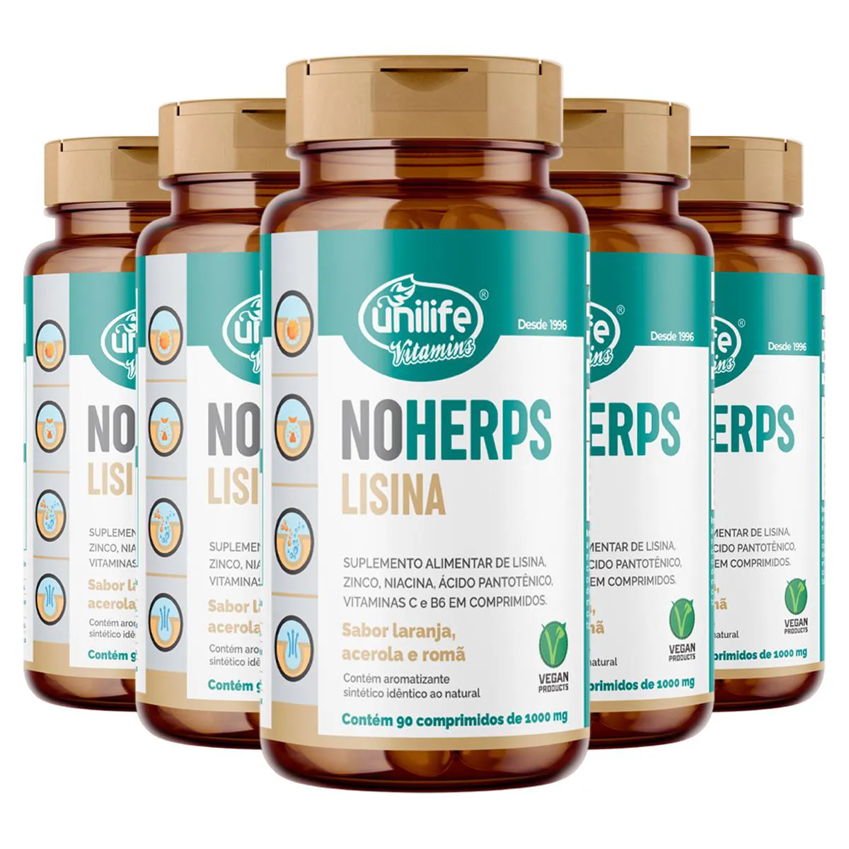 Kit 5 Noherps Lisina 1000Mg Unilife 90 Comprimidos Laranja e Acerola