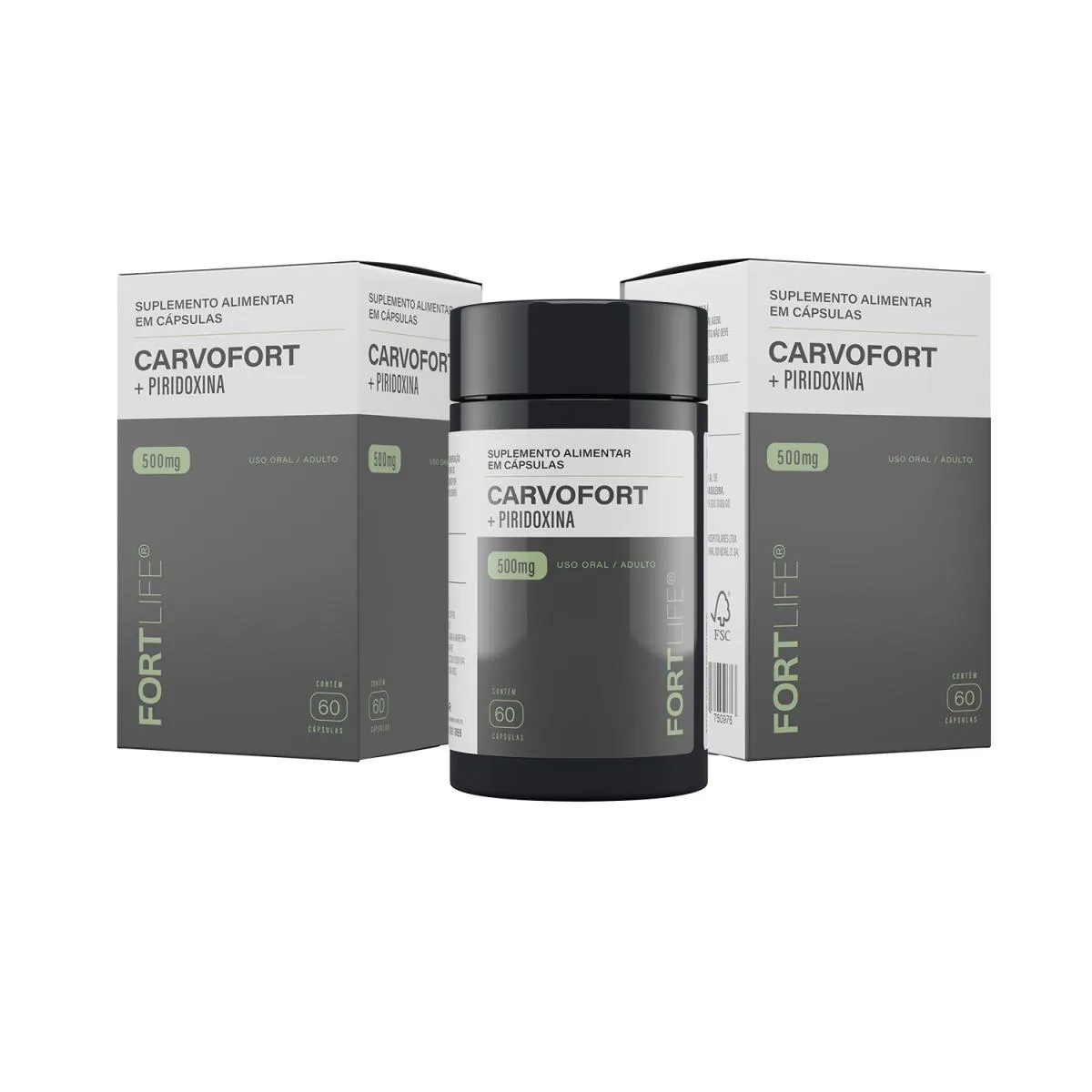 Kit 2 Carvofort Piridoxina 1X + Carvão Ativado 500Mg 60 Cápsulas Fortlife
