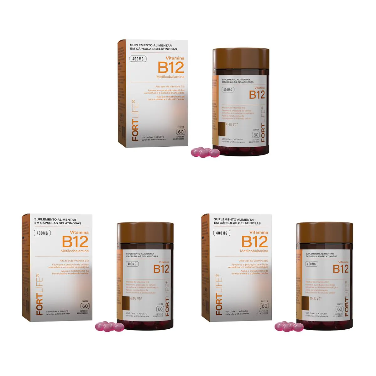 Kit 3 Vitamina B12 400Mg 60 Cápsulas Gelatinosa Fortlife