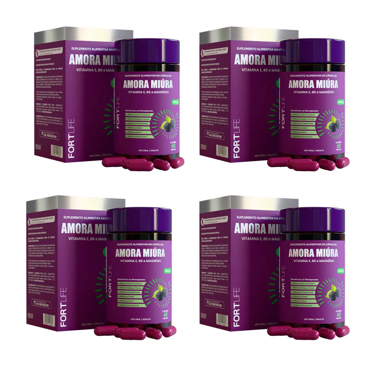 Kit 4 Amora Miúra 1000Mg Fortlife 60 Cápsulas