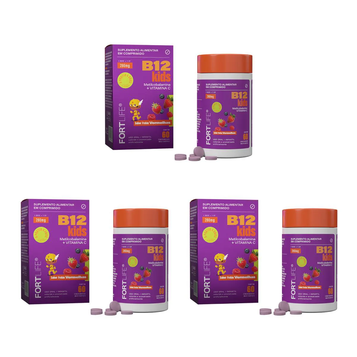 Kit 3 Vitamina B12 Kids 280Mg 60 Comprimidos Mastigáveis Fortlife
