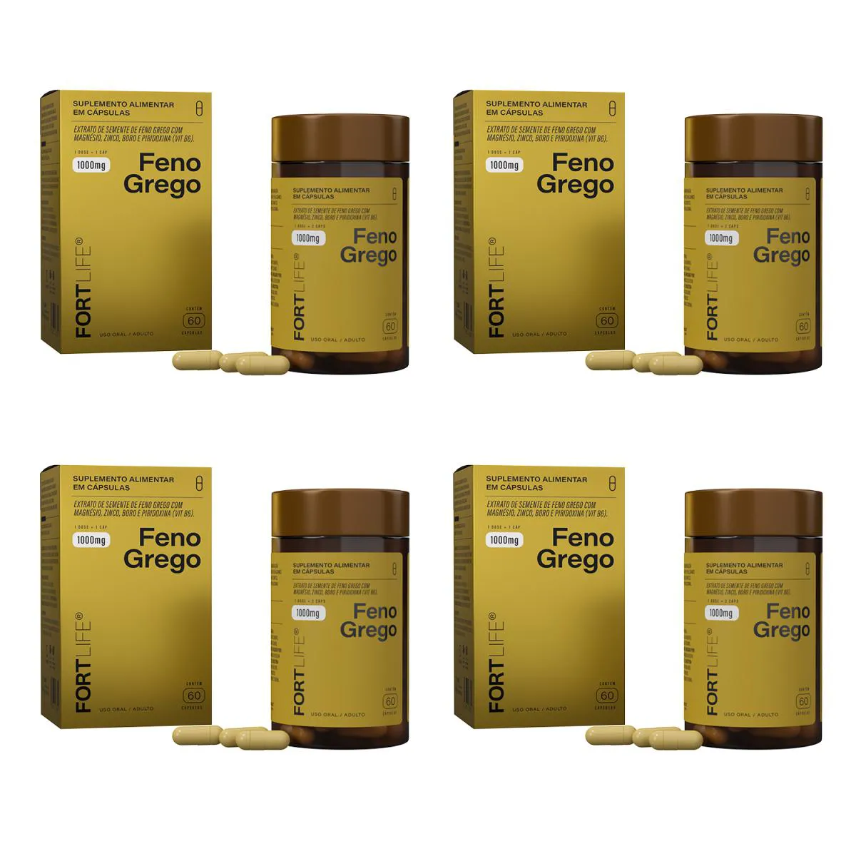Kit 4 Und Feno Grego 1000Mg 60 Cápsulas Fortlife
