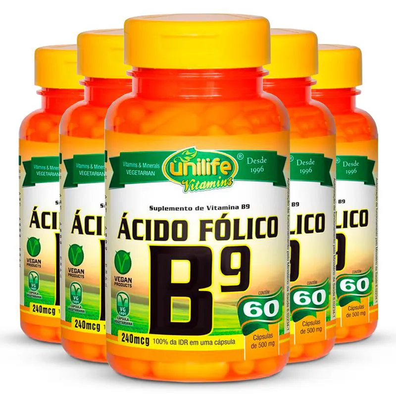 Kit 5 Vitamina B9 Ácido Fólico 60 Cápsulas Unilife