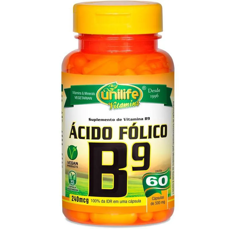 Vitamina B9 Ácido Fólico 60 Cápsulas Unilife