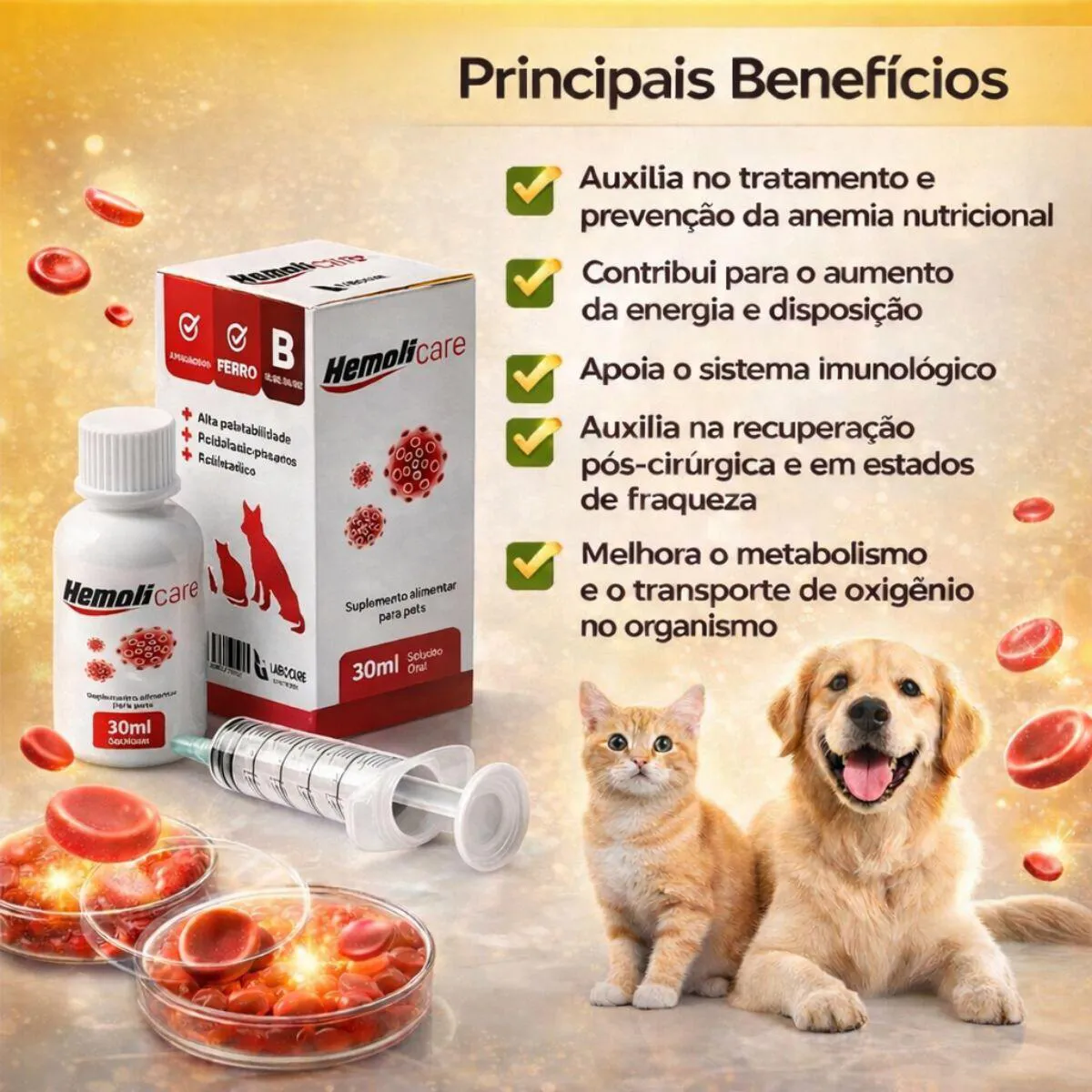 Hemoli Care Multivitamínicos, Suplemento Alimentar para Cães e Gatos - 30Ml