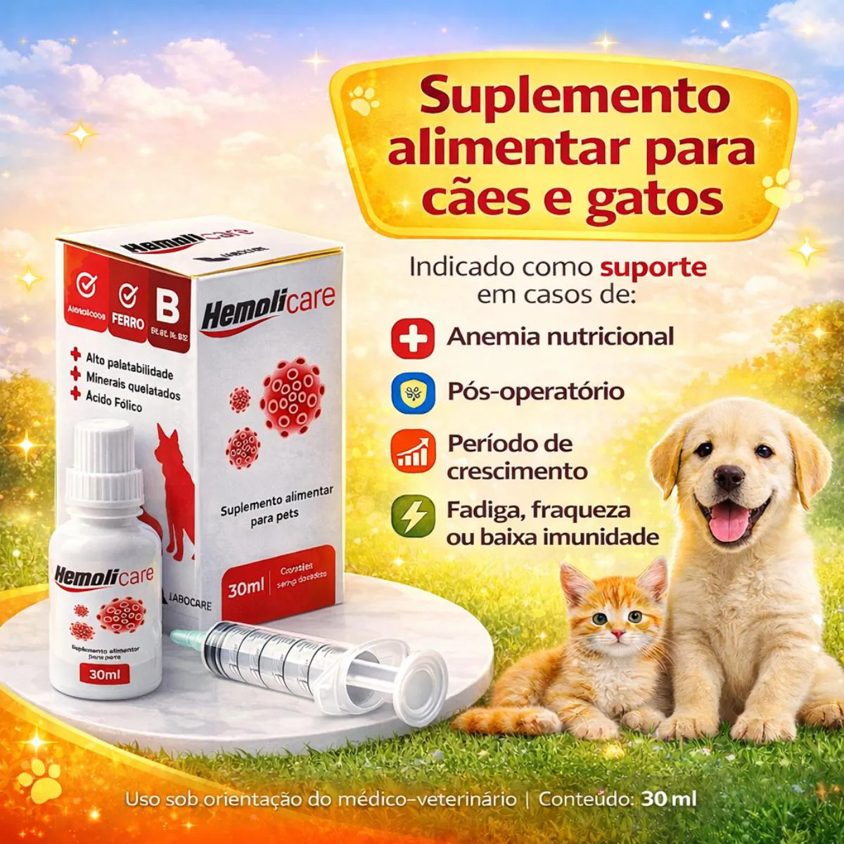 Hemoli Care Multivitamínicos, Suplemento Alimentar para Cães e Gatos - 30Ml