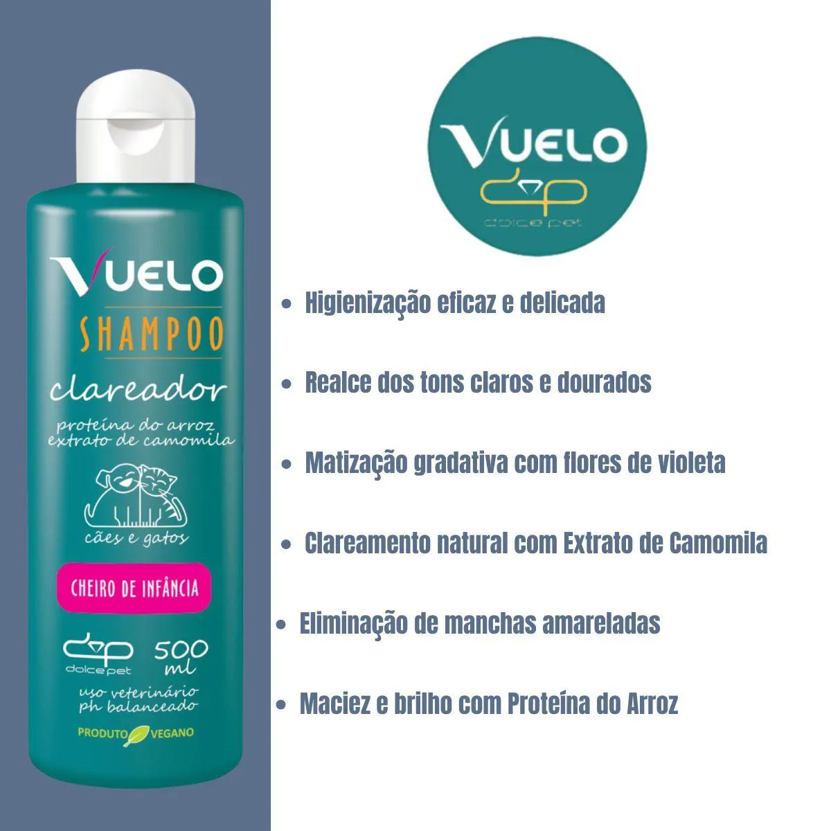 Shampoo Clareador Cheiro de Infância Vuelo Dolce Pet Cães e Gatos - 500 Ml