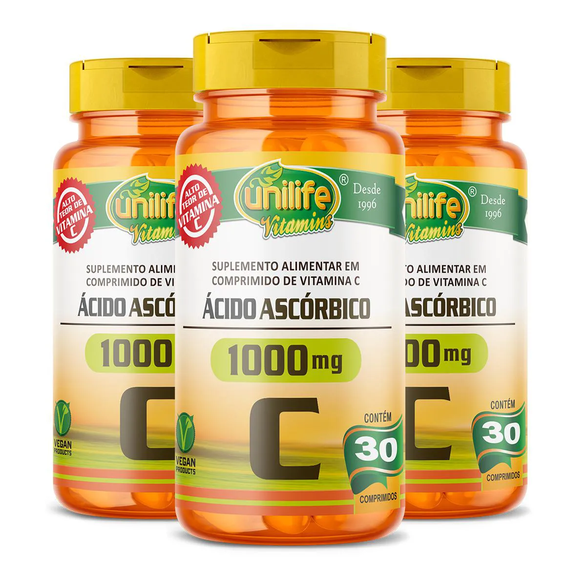 Kit 3 Ácido Ascórbico Vitamina C Unilife 30 Comprimidos