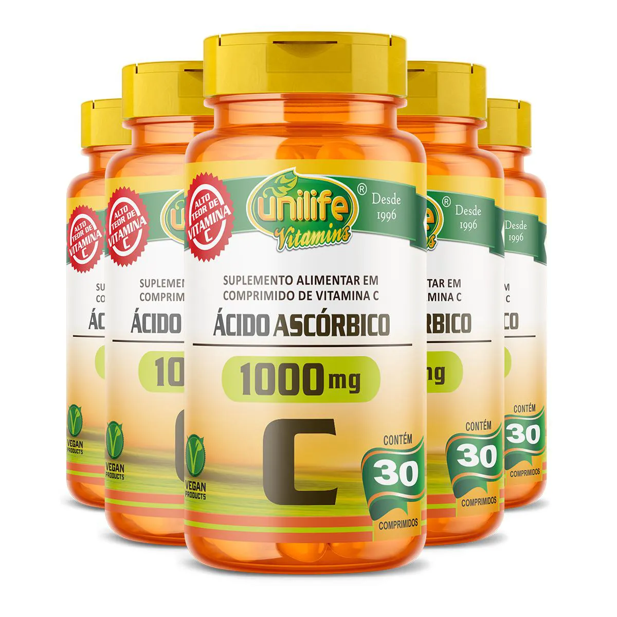Kit 5 Ácido Ascórbico Vitamina C Unilife 30 Comprimidos