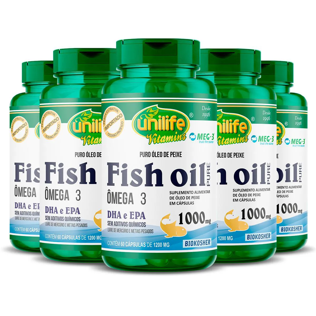 Kit 5 Óleo de Peixe Fish Oil Unilife 60 Capsulas 1000Mg