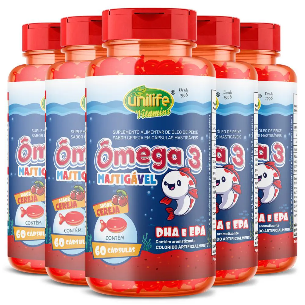 Kit 5 Ômega 3 Kids Mastigável Unilife Cereja 60 Cápsulas