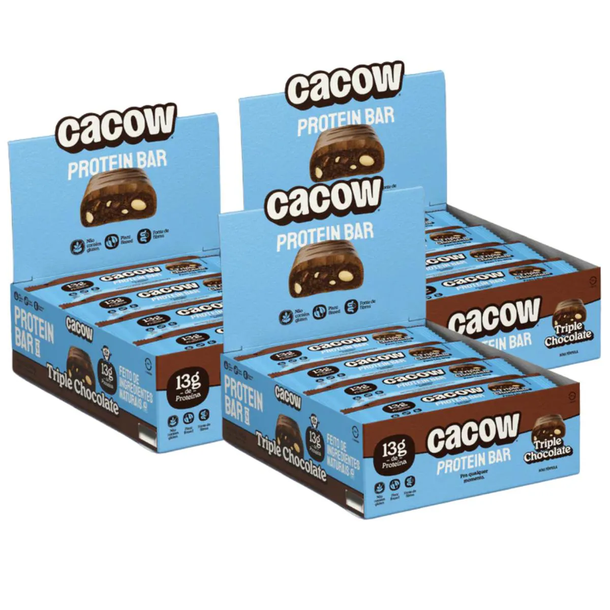 3X Barra de Proteina Vegana Cacow Triple Chocolate 12 Unidades 40G