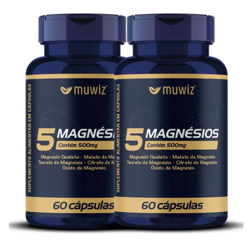 Kit 2X 5 Magnésios 500Mg Quelato + Malato + Taurato + Citrato + Óxido de Magnésio Muwiz 60 Cápsulas