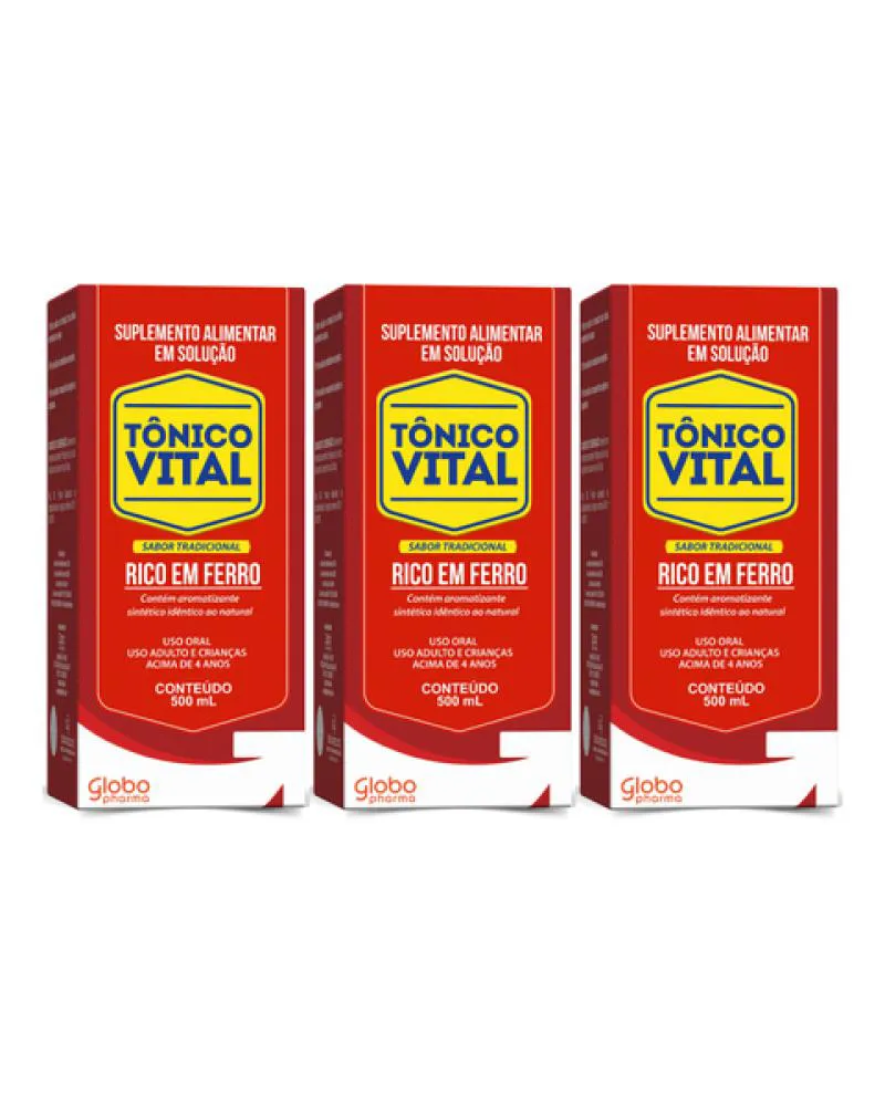 Kit 03 Unidades Tônico Vital Rico em Ferro 500ml Globo Pharma