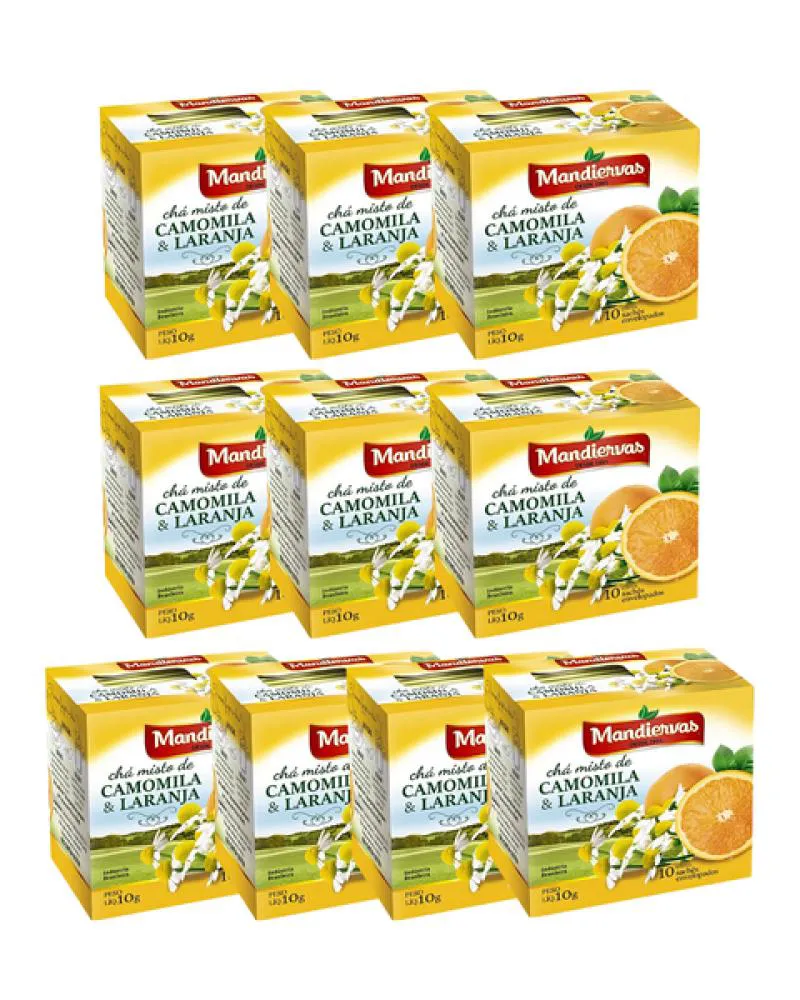 Kit com 10 Caixas de Chá Misto de Camomila e Laranja (100 sachês envelopados) 10g Mandiervas