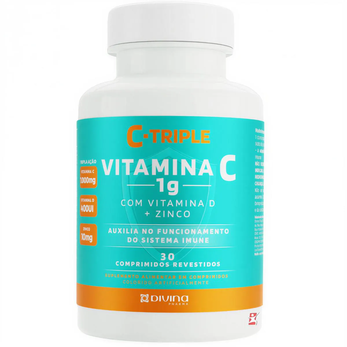 C-Triple Vitamina C 1G + Zinco 10Mg + Vitamina D 400Ui 30 Comprimidos - Divina Pharma
