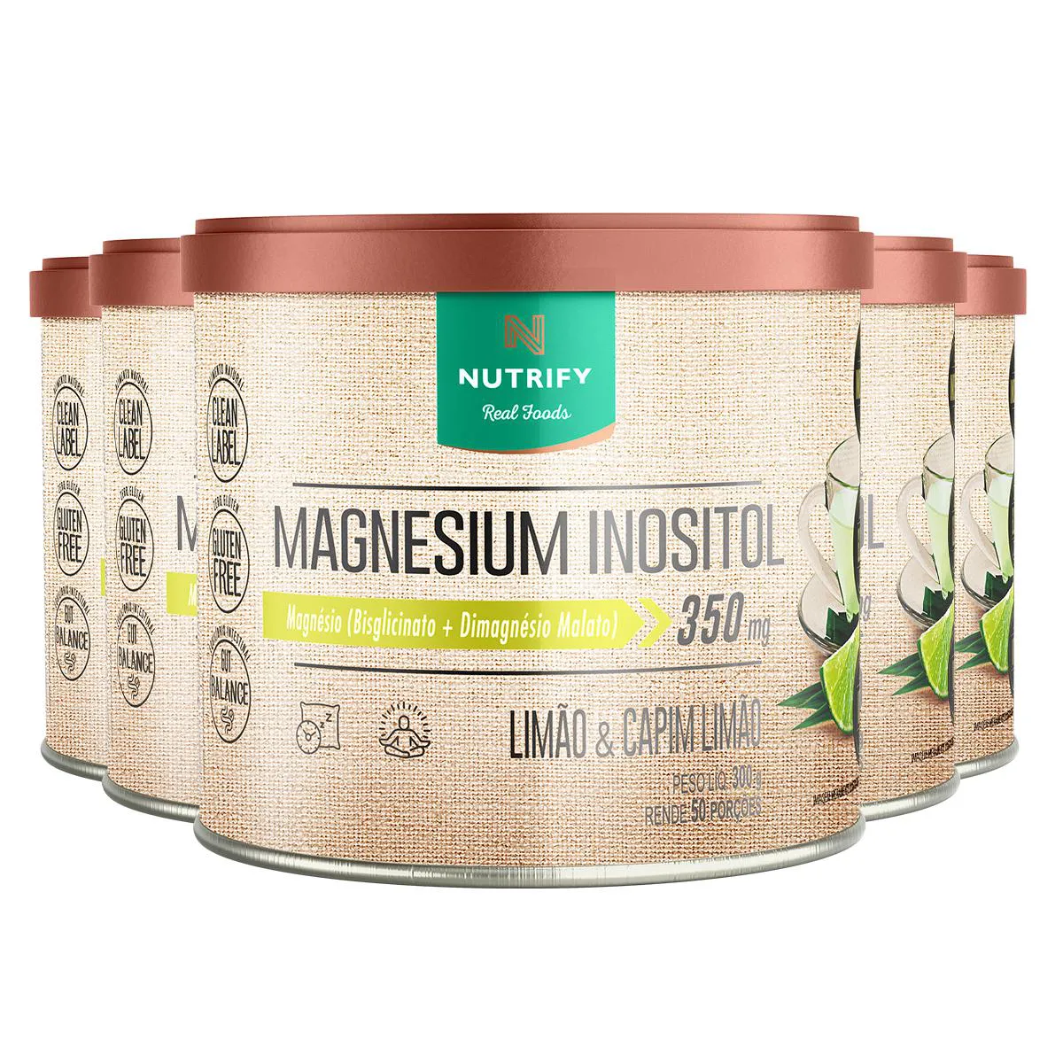Kit 5 Magnesium Inositol Nutrify 350G Limão e Capim Limão