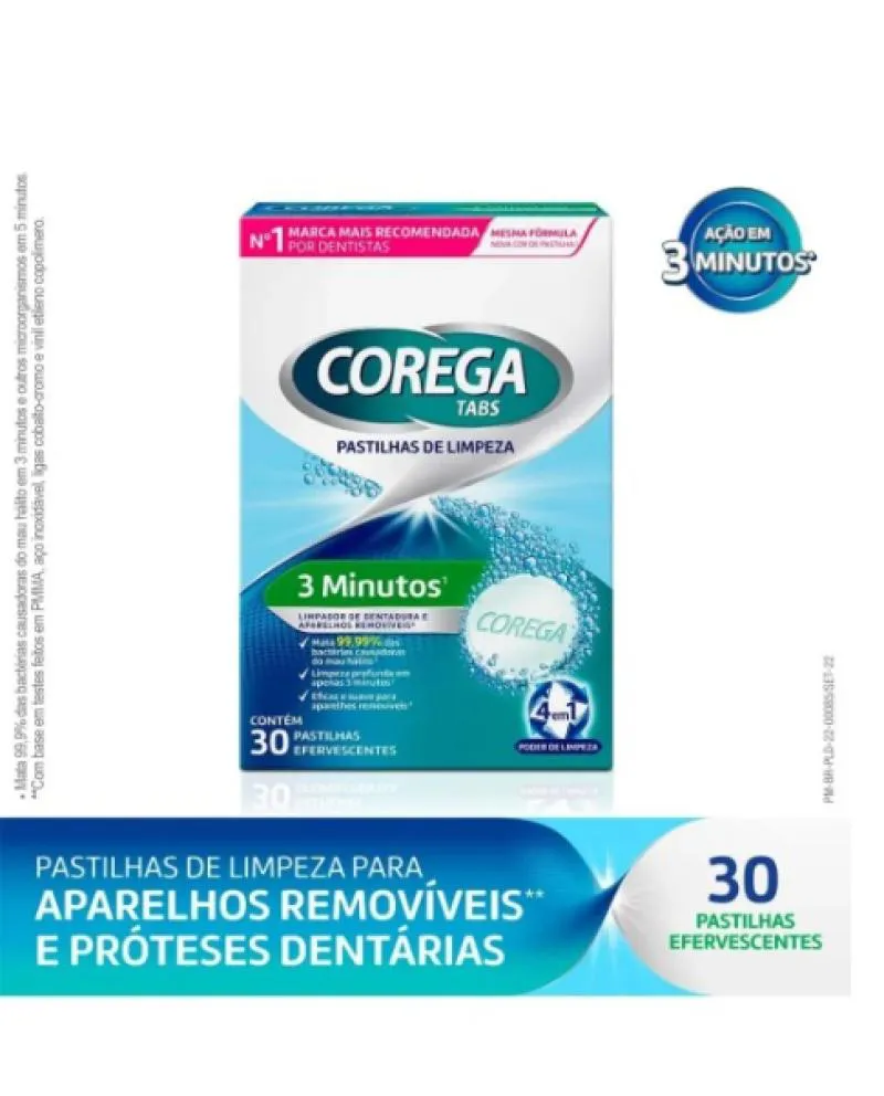 Corega Tabs Limpador de Próteses Dentárias Sabor Menta 30 Pastilhas