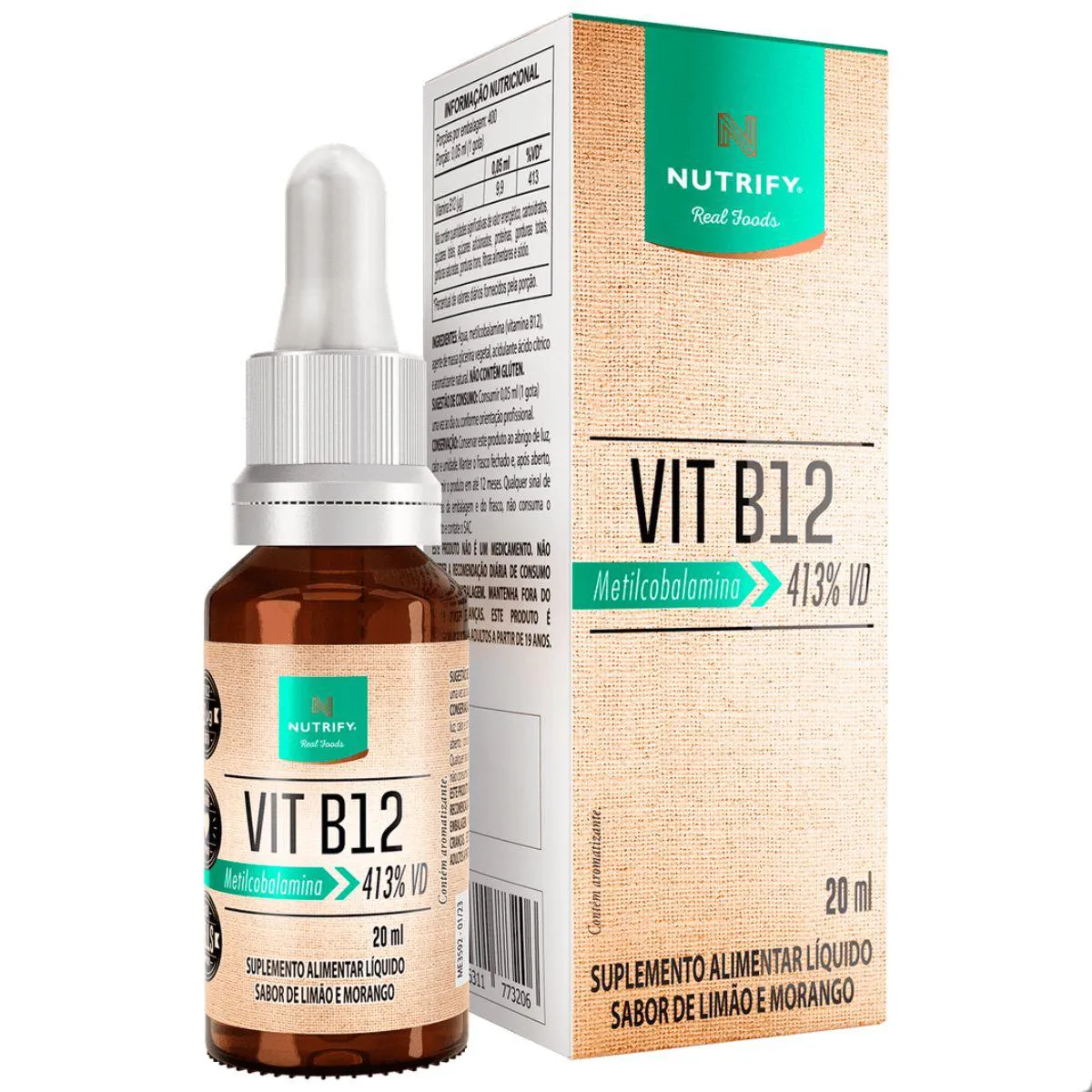 Vitamina B12 Metilcobalamina 413% Vd 20Ml Nutrify Limão C Morango