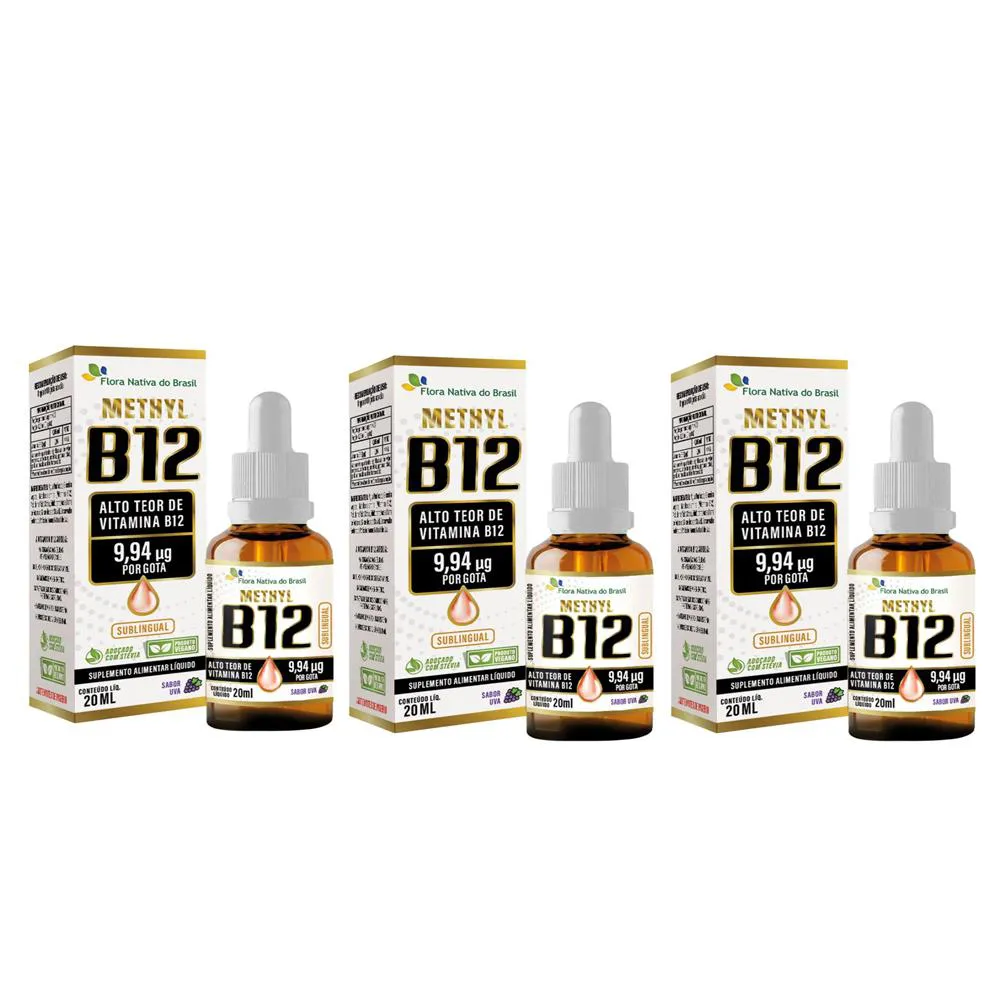 Kit C/ 3 Vitamina B12 Uva 20Ml - Metilcobalamina 9,94 Mcg Por Gota - Flora Nativa