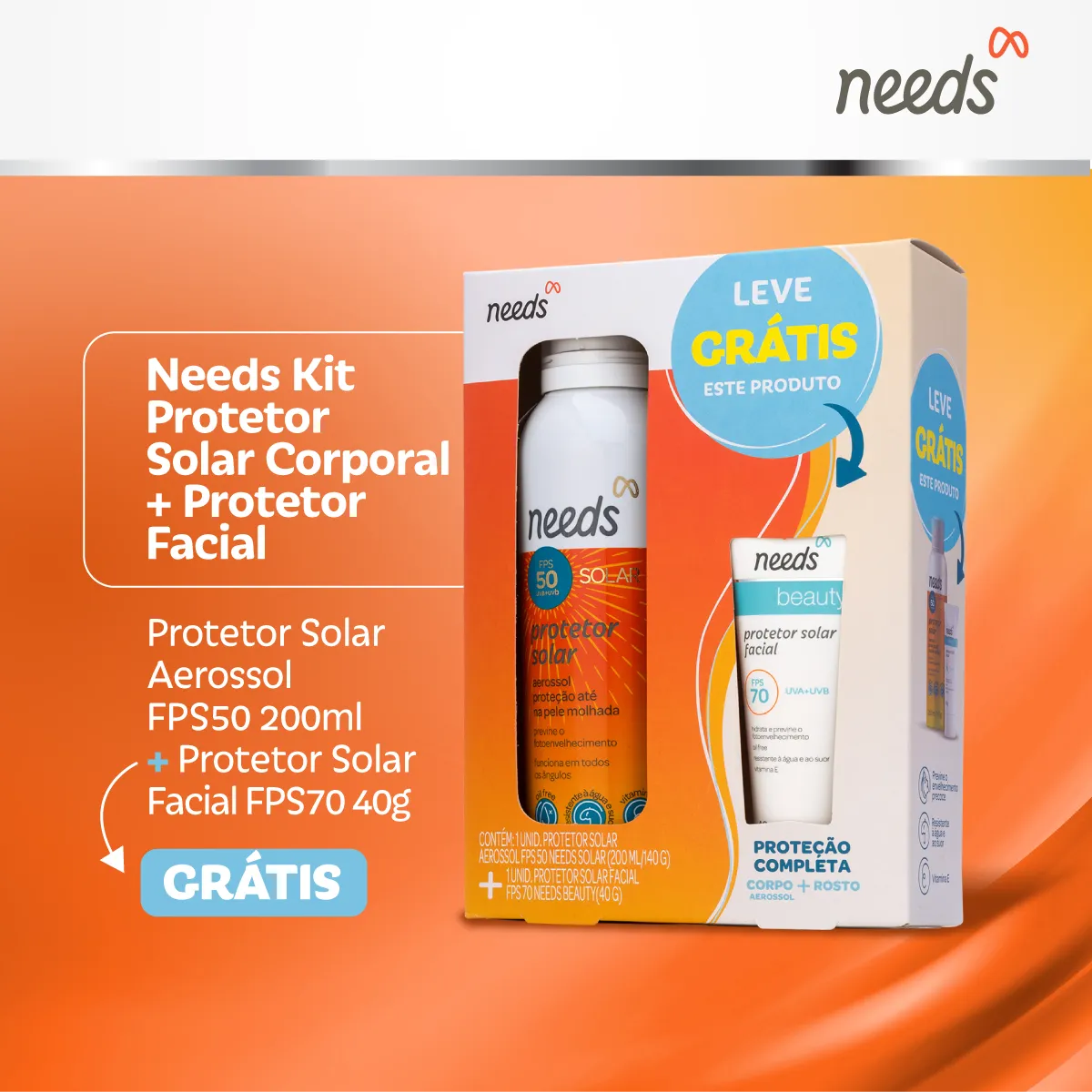 Kit Protetor Solar Needs Facial FPS 70 40g + Corporal FPS 50 Aerossol 200ml